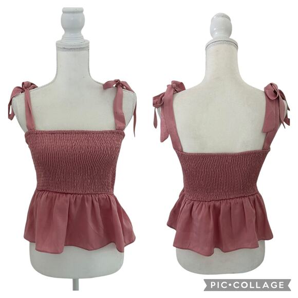 Lovers and Friends Revolve Harmony Smocked Shoulder Tie Pink Top Size Medium - Picture 2 of 13